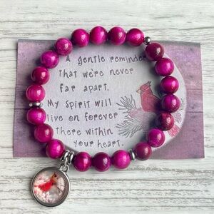 Pink Beaded Bracelet with Cardinal Charm